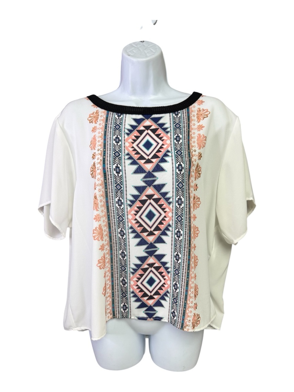 bobeau cream XLP Short Sleeve blouse with Navy & Peach Aztec Panel